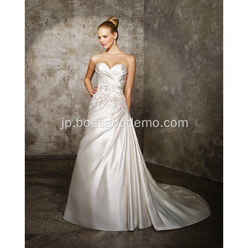 A-Line Sweetheart Cathedral Train Satin Criss-Cross Beading Wedding Dress